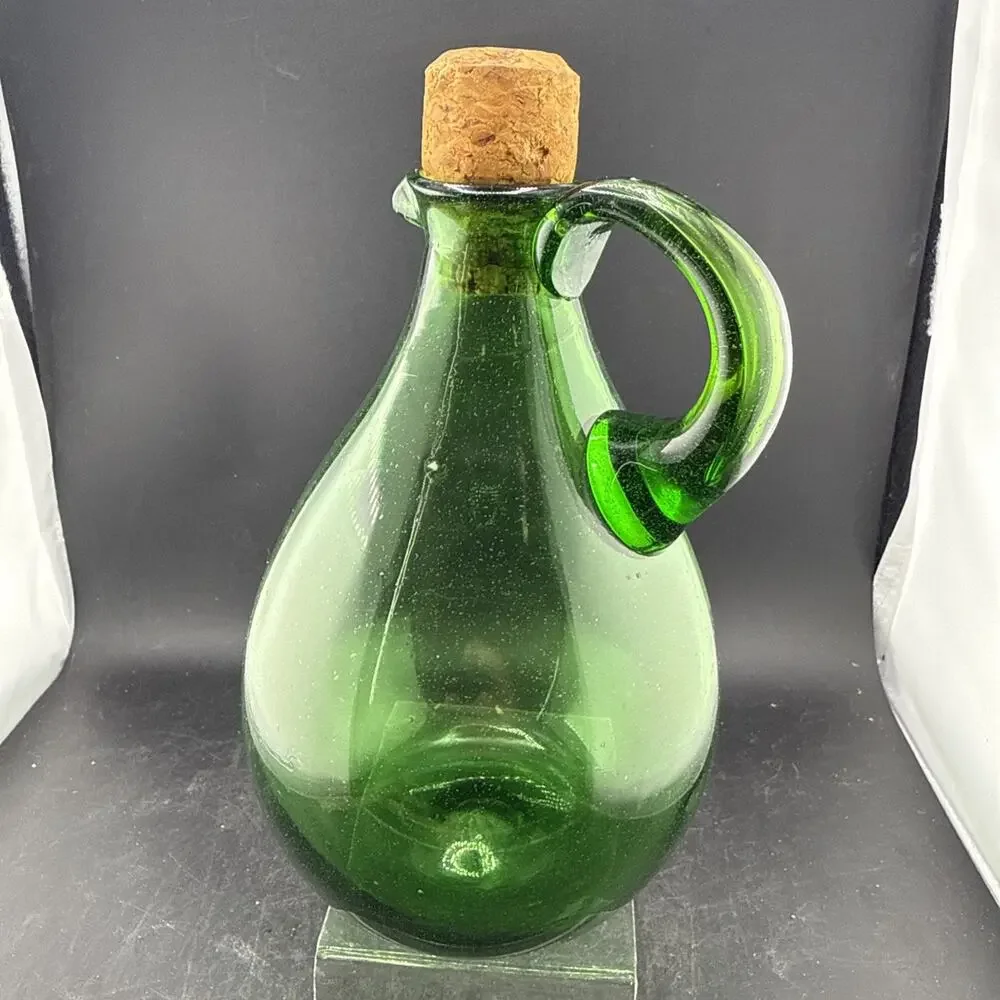 MCM Emerald Green Glass Wine Decanter Carafe with Handle Hand Blown Rough Pontil